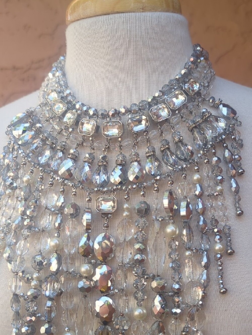 Chico's Pearl,Crystal Silver Multi-Tier Crystal Fringe Statement  Necklace - Picture 4 of 6